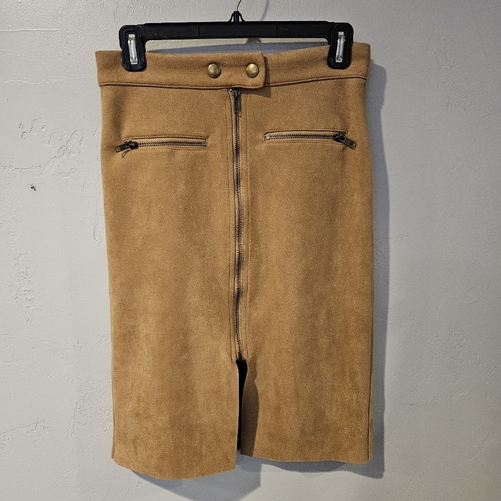 Fate Women's Small Tan Faux Suede Pencil Skirt Gold Button Zipper Knee Length